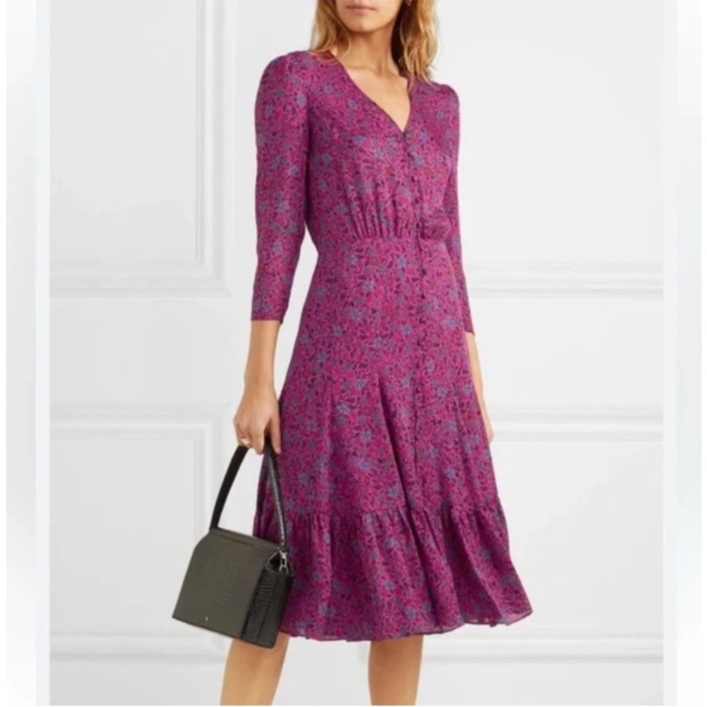 NWT VERONICA BEARD Lasanna Tiered Floral Silk Crepe De Chine Midi Dress Pink